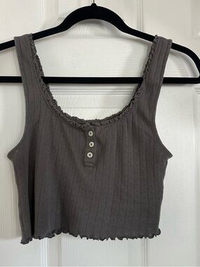 American Eagle Outfitters Ribbed Scoop-Neck Crop Tank - Charcoal